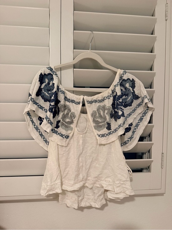 Free People Tops - Free People White Off-Shoulder Blouse with Blue Floral Embroidery SMALL